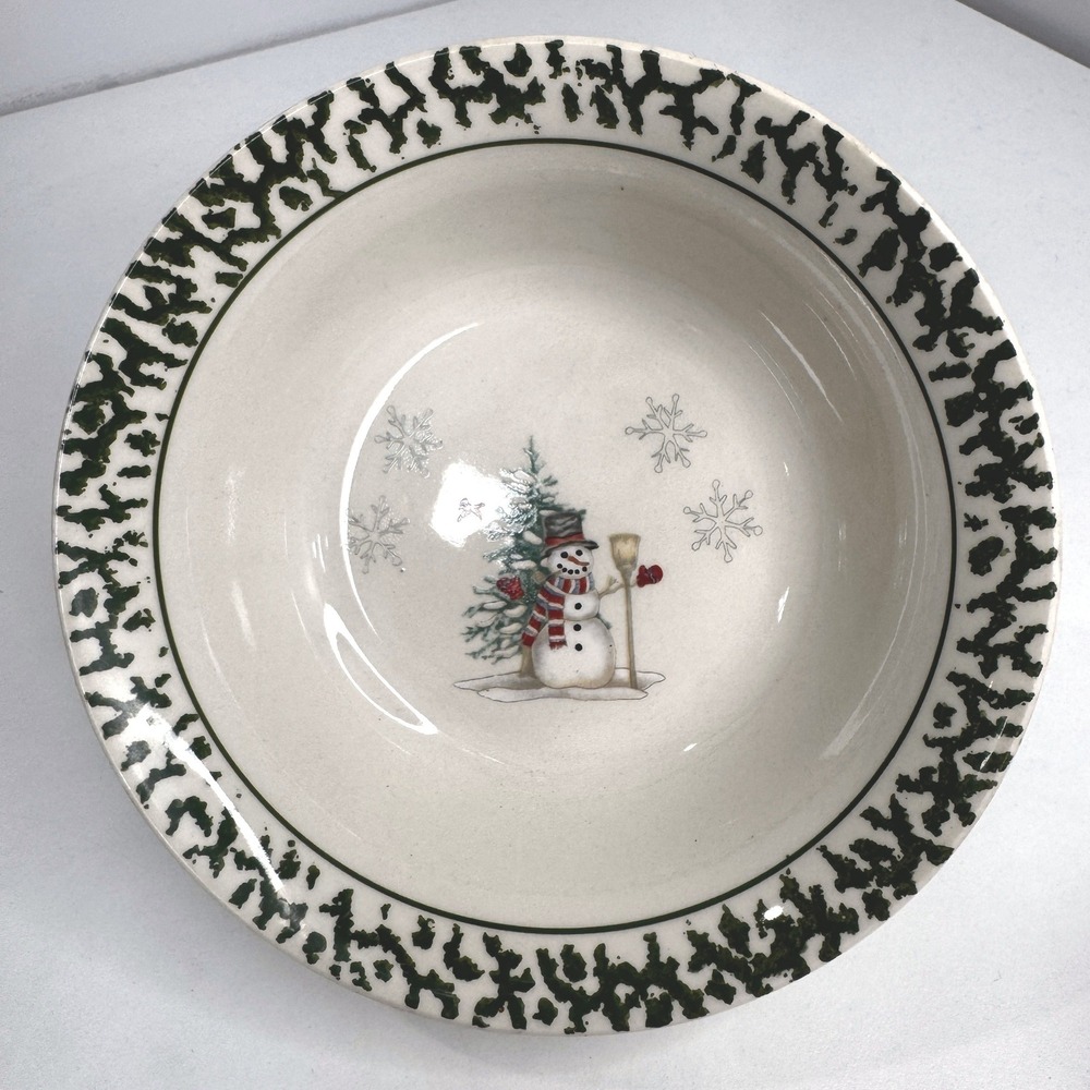 We Can Build A Snowman Stoneware Bowl 7" Green Sponge Rim Christmas Replacement